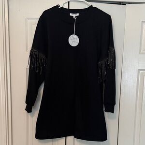 Boutique Black Long Sleeve Dress with Fringe Detail